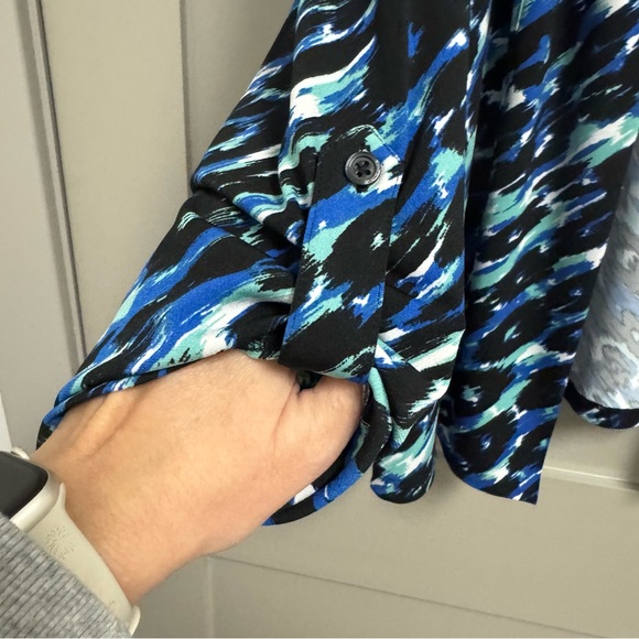 Easywear by Chico’s Open Front Cardigan Top Tab Sleeves Sz 3 XL Blue Black Green - Picture 2 of 11